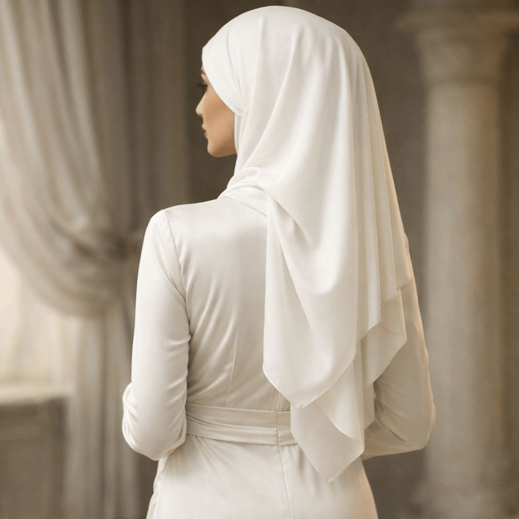 Woman in white satin gown and silk hijab looking sideways indoors